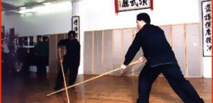 Medz Desravines (left) and Raymond Lee performing "Long Pole vs. Long Pole" weapon sparring form during the 16th Anniversary Party.