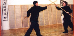 Ting Poo (left) and Kimberly Nickerson performing the "Double-Headed Staffs" weapons sparring form during the 16th Anniversary Party.