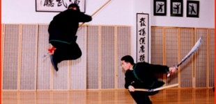 Raymond Tso (left) and Danny Silva performing "Two-Sectional staff with Saber against Spear" weapons sparring form during the 19th Anniversary Party.