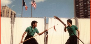 Anthony White (left) and Raymond Lee performing "Long-Handled Broadsword versus Spear" weapons sparring form during the Cultural Festival at Lincoln Center, 1985.